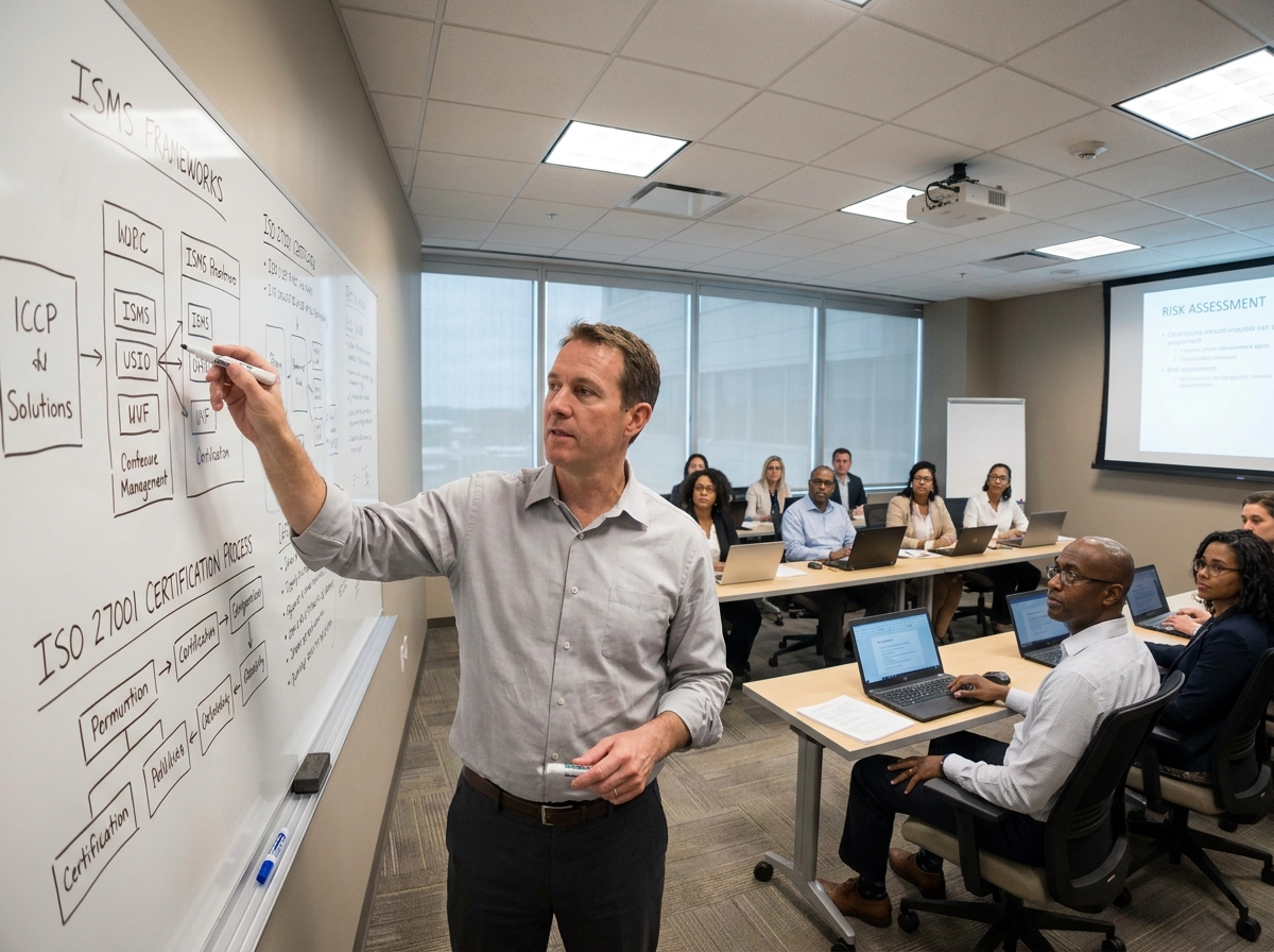 Formateur en cybersécurité expliquant les étapes de la certification ISO 27001 lors d'une session de formation professionnelle