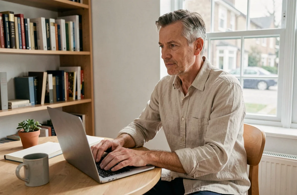 Freelance senior en portage salarial travaillant sur son ordinateur depuis son bureau à domicile