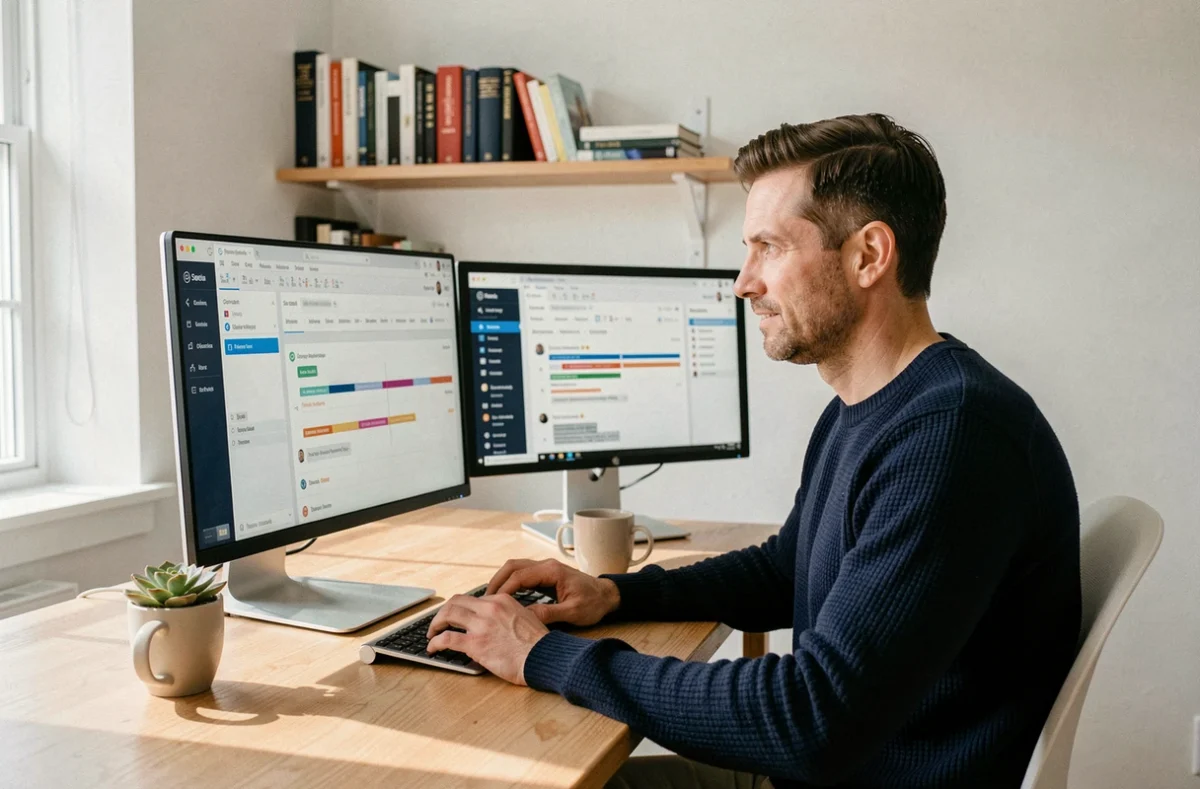 Freelance en télétravail gérant un projet client sur double écran avec un logiciel de gestion de projet
