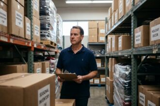 Gérant de magasin analysant un surplus de stock saisonnier dans un entrepôt commercial encombré