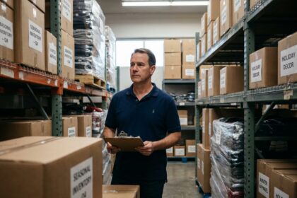 Gérant de magasin analysant un surplus de stock saisonnier dans un entrepôt commercial encombré