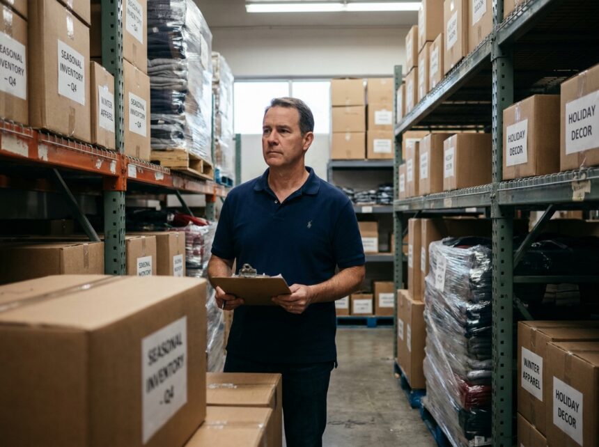 Gérant de magasin analysant un surplus de stock saisonnier dans un entrepôt commercial encombré