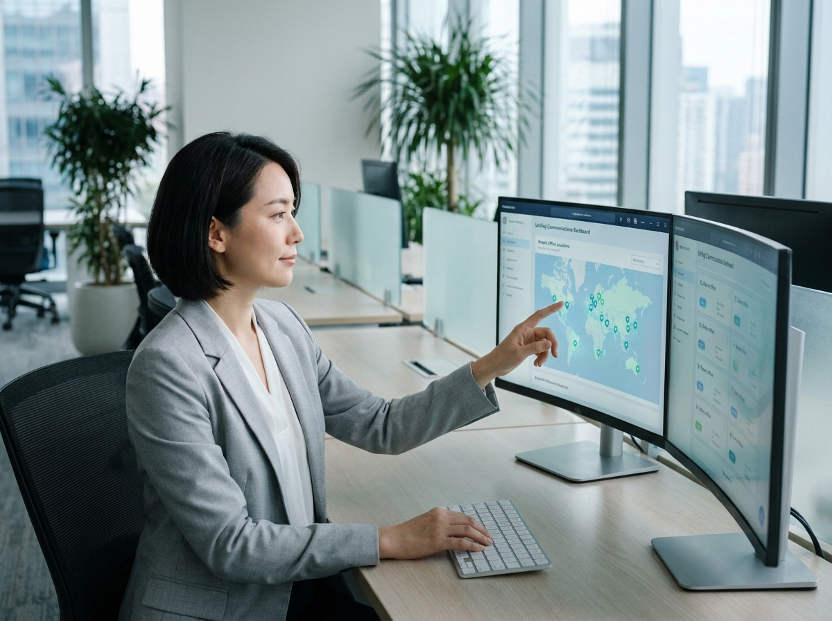 Collaboratrice gérant une plateforme de communications unifiées pour plusieurs sites d'entreprise depuis un bureau en open space