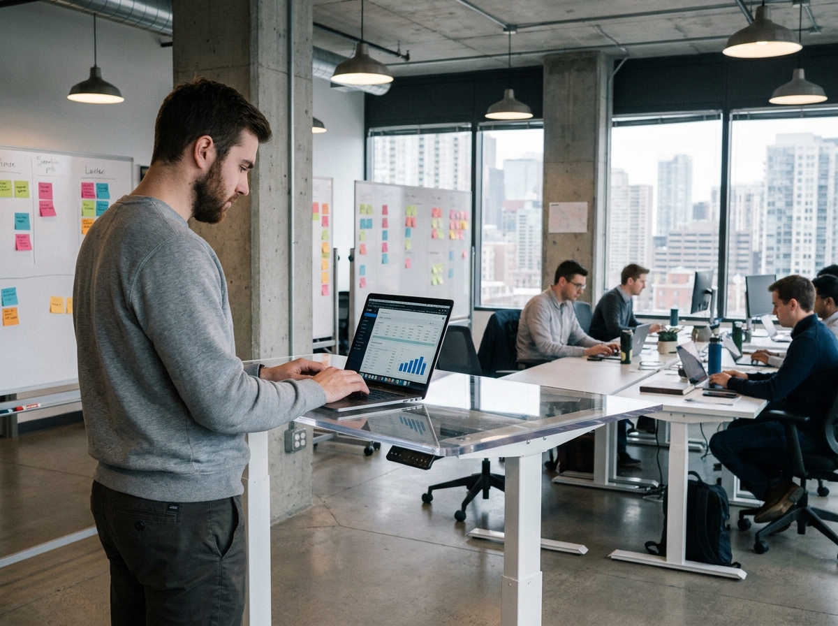 Jeune entrepreneur d'une start-up en hypercroissance analysant des tableaux de bord financiers sur ordinateur portable dans un open space moderne