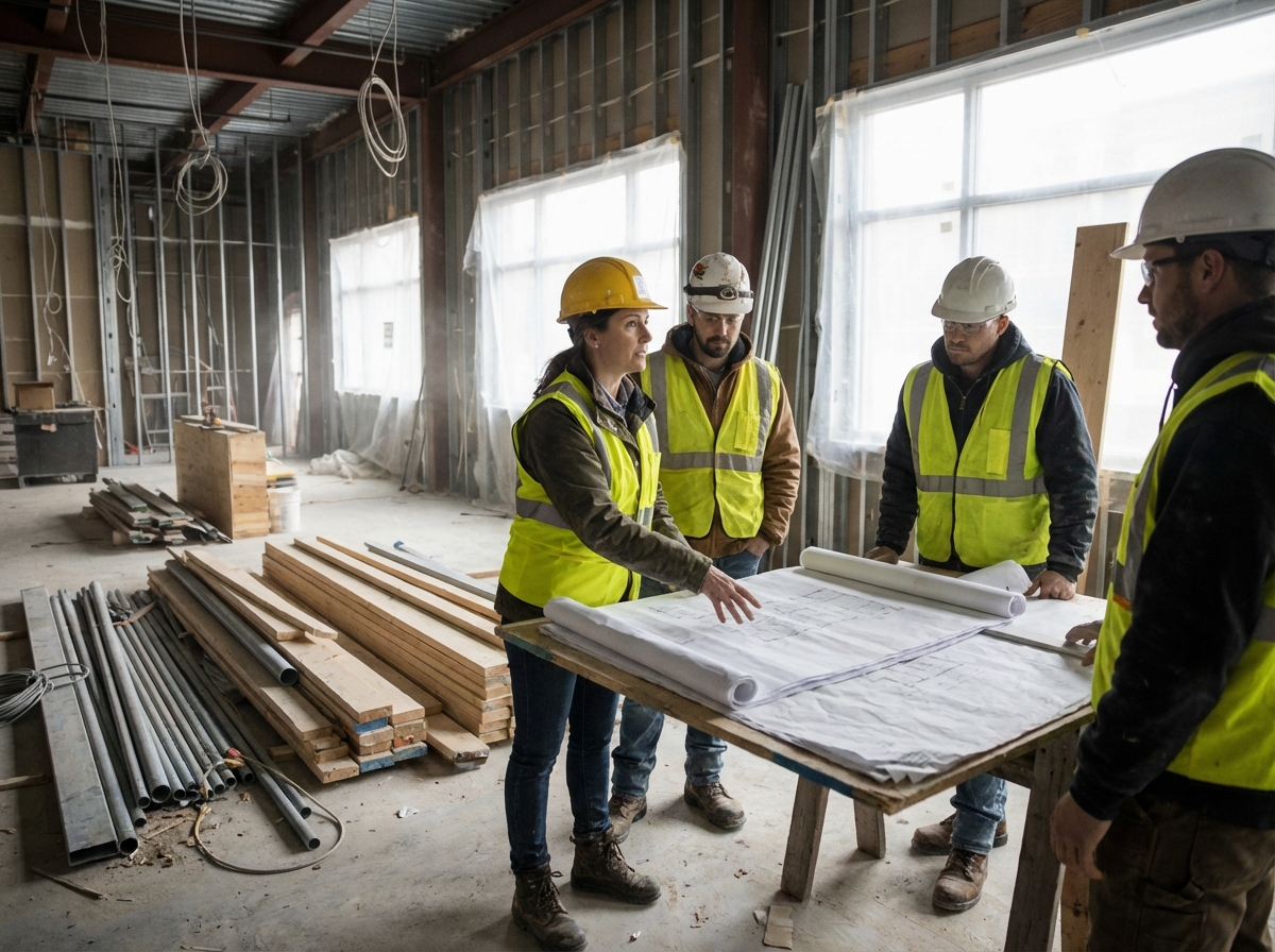 Jeune femme gestionnaire de chantier en réunion intérieure