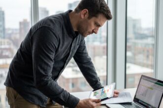 Manager de flotte en bureau avec tablette et dashboard