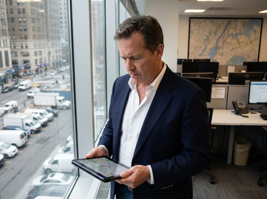 Homme gestionnaire de flotte vérifiant GPS sur tablette dans bureau