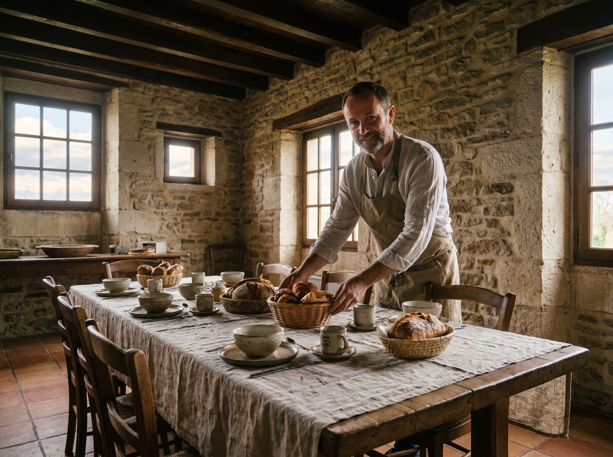 Salle à manger d'un gîte rustique avec hôte souriant et table de petit-déjeuner en décor en pierre naturelle