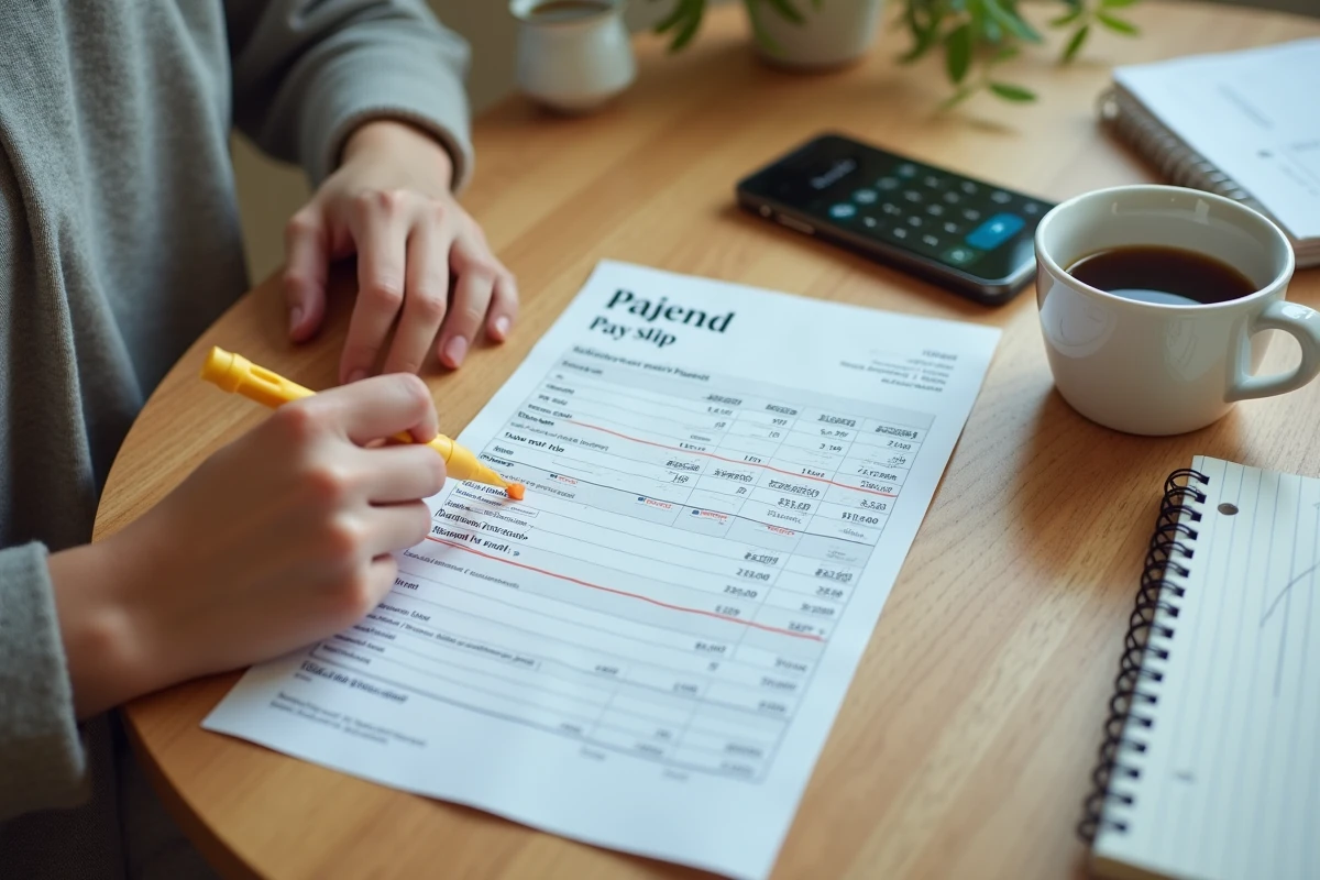 Gros plan sur un bulletin de salaire annoté avec un surligneur et une calculatrice sur smartphone pour vérifier les heures