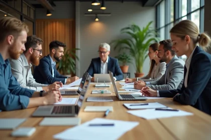 Groupe d'employes de bureau en reunion professionnelle