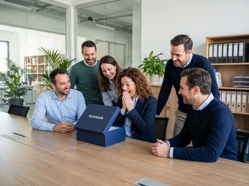 Groupe de collaborateurs souriants dans un bureau moderne