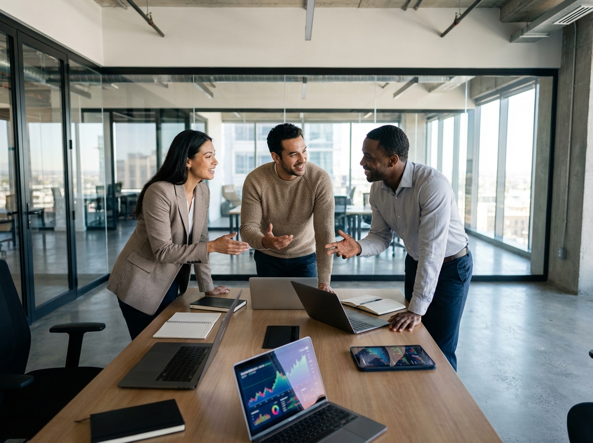 Groupe de professionnels en réunion dans un bureau lumineux