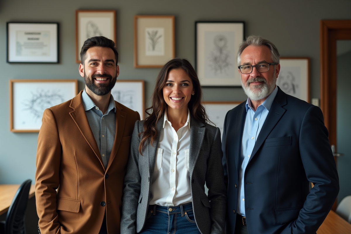 Groupe de trois professionnels devant un mur de certificats