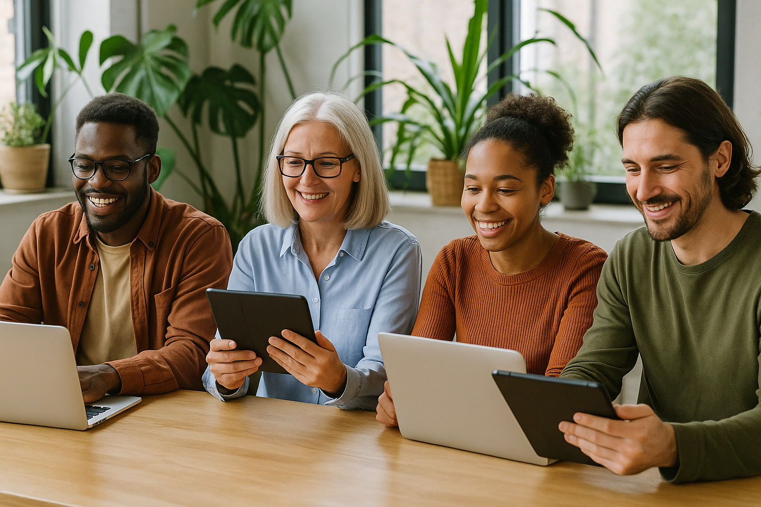 Groupe divers en formation interactive dans un espace de travail lumineux