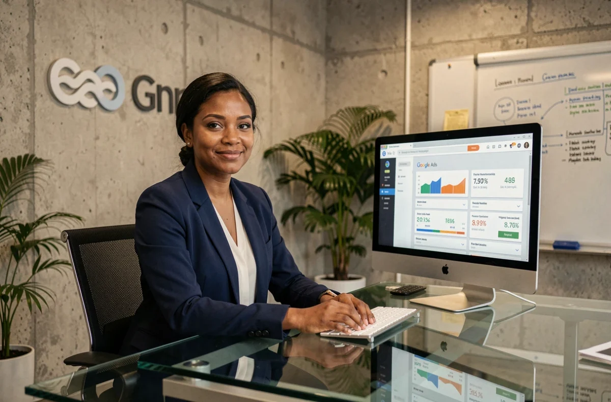 Responsable de l'agence Groupe Echo en Maine-et-Loire analysant des performances de campagnes Google Ads sur un écran dans un bureau moderne