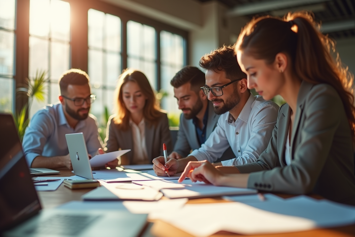Groupe d entrepreneurs collaborant dans un espace de coworking lumineux
