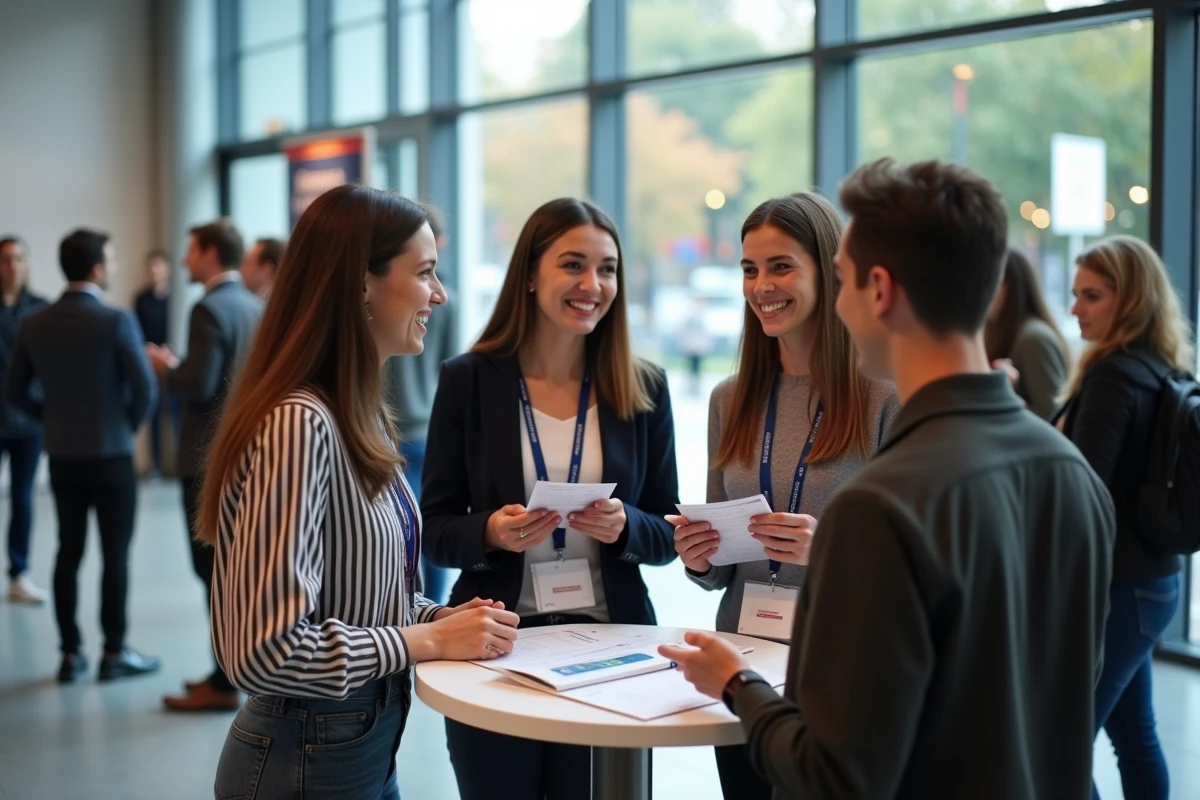 Groupe de jeunes entrepreneurs débutants lors d'une session de networking à l'accueil d'un salon professionnel d'entreprises