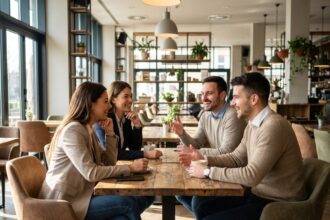 Groupe de jeunes professionnels en restaurant moderne