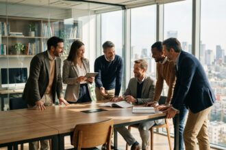 Groupe de professionnels en réunion dans un bureau moderne