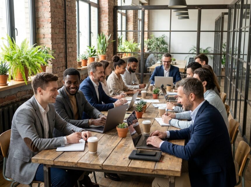 Groupe divers de professionnels en coworking moderne