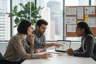 Groupe de professionnels discutant CRM dans un bureau moderne