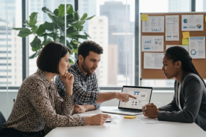 Groupe de professionnels discutant CRM dans un bureau moderne