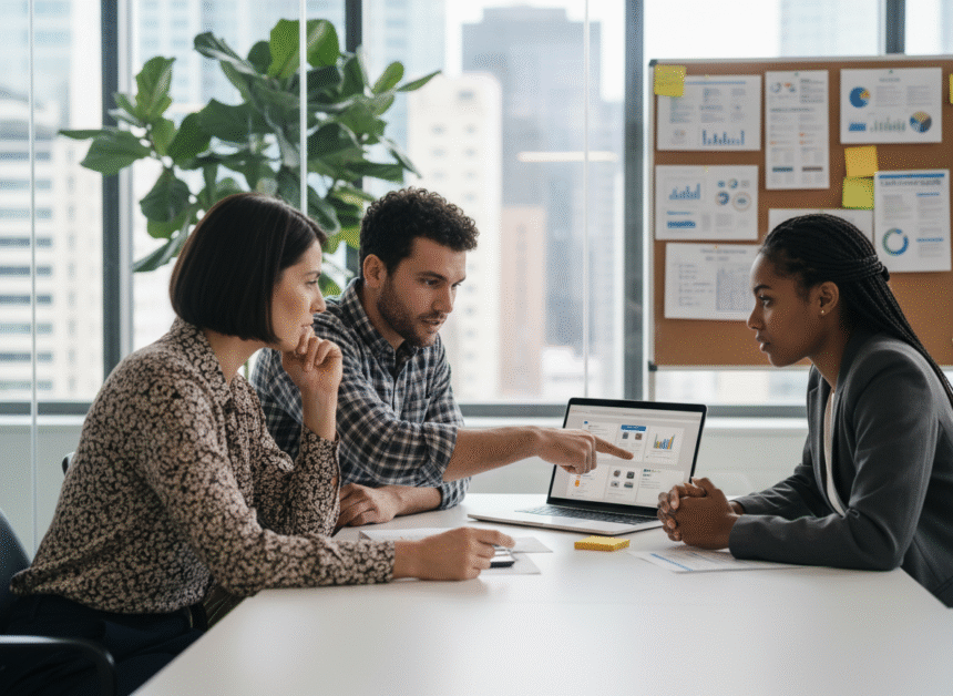 Groupe de professionnels discutant CRM dans un bureau moderne