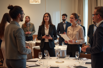 Groupe de professionnels discutant lors d'une réunion en salle élégante
