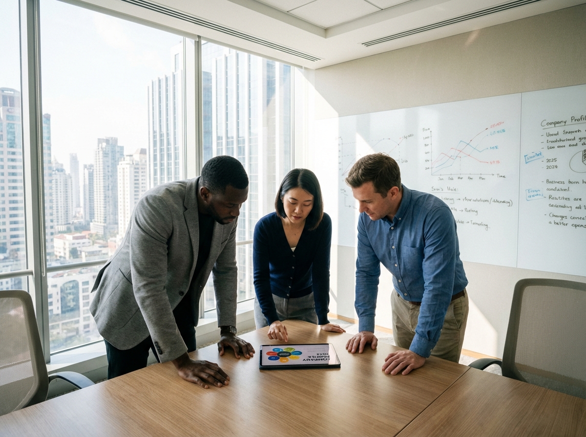 Groupe de trois professionnels en réunion dans une salle lumineuse