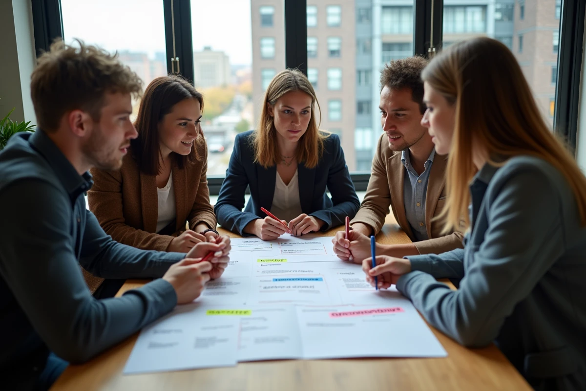 Groupe divers de jeunes collaborant autour d une table