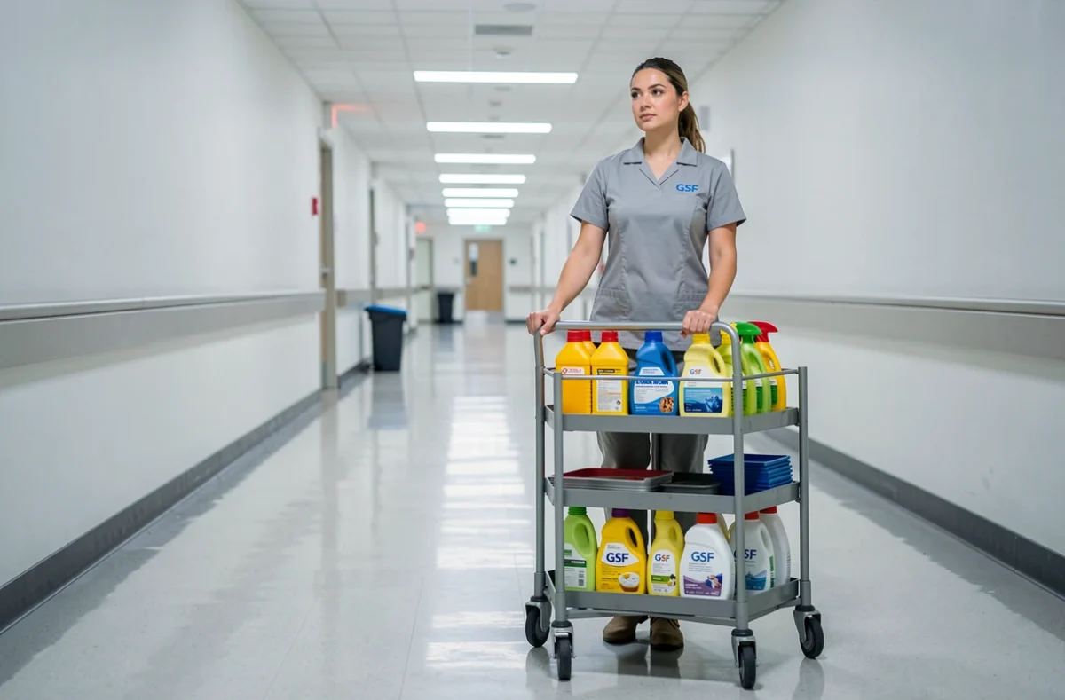 Agente de nettoyage GSF poussant un chariot de nettoyage dans un couloir d'hôpital propre et moderne