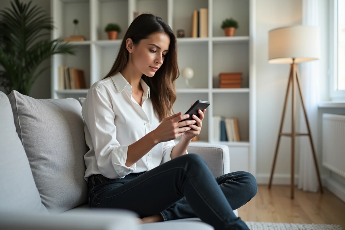 Jeune femme lisant un guide d'activation de compte en ligne sur smartphone dans un salon