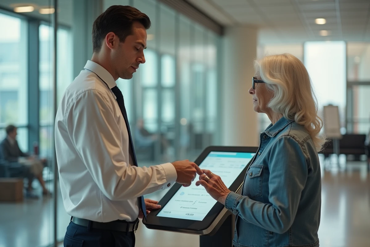Jeune agent public aidant une personne âgée au kiosque digital