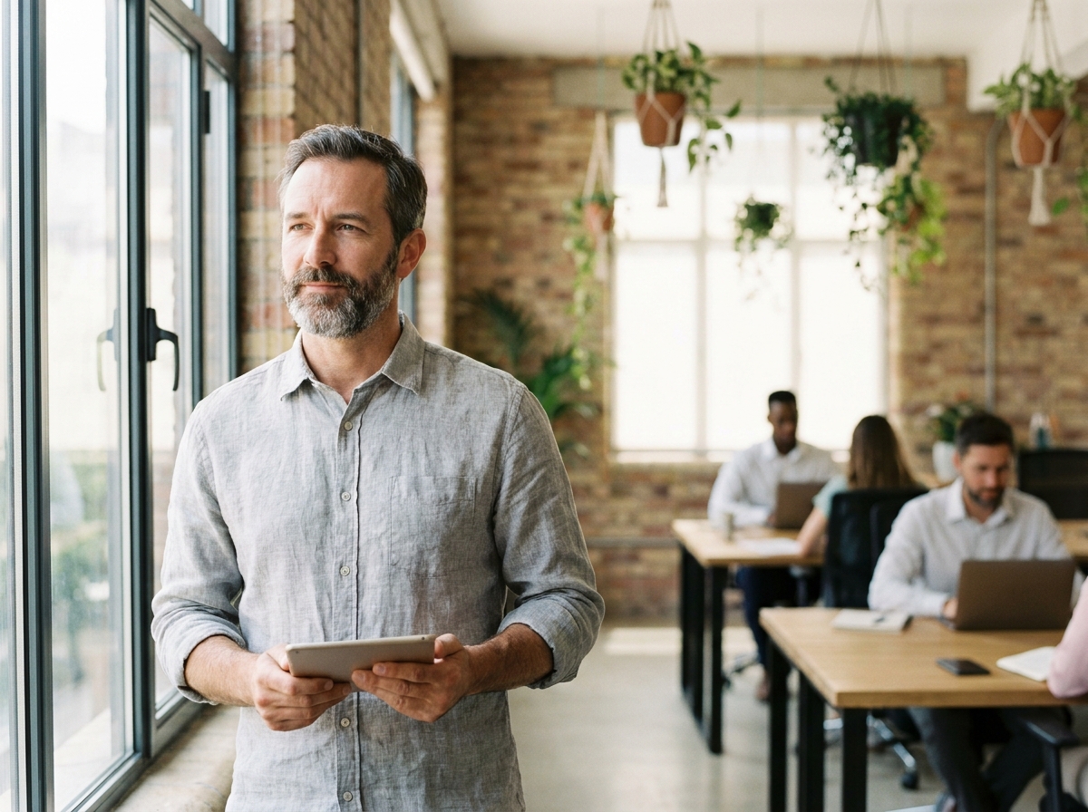 Homme d'affaires concentré consultant une tablette dans un espace de coworking moderne et minimaliste