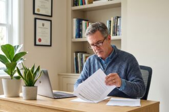 Homme d'affaires lisant un contrat dans un bureau moderne