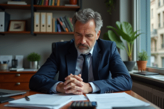 Homme d'affaires français en costume navy dans un bureau modeste