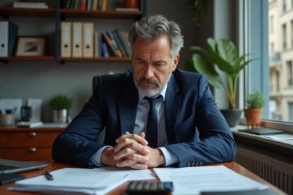 Homme d'affaires français en costume navy dans un bureau modeste