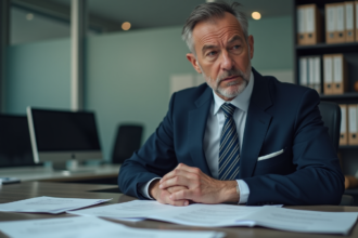 Homme d'affaires en costume navy dans un bureau moderne