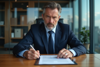 Homme d'affaires en costume navy signe un document