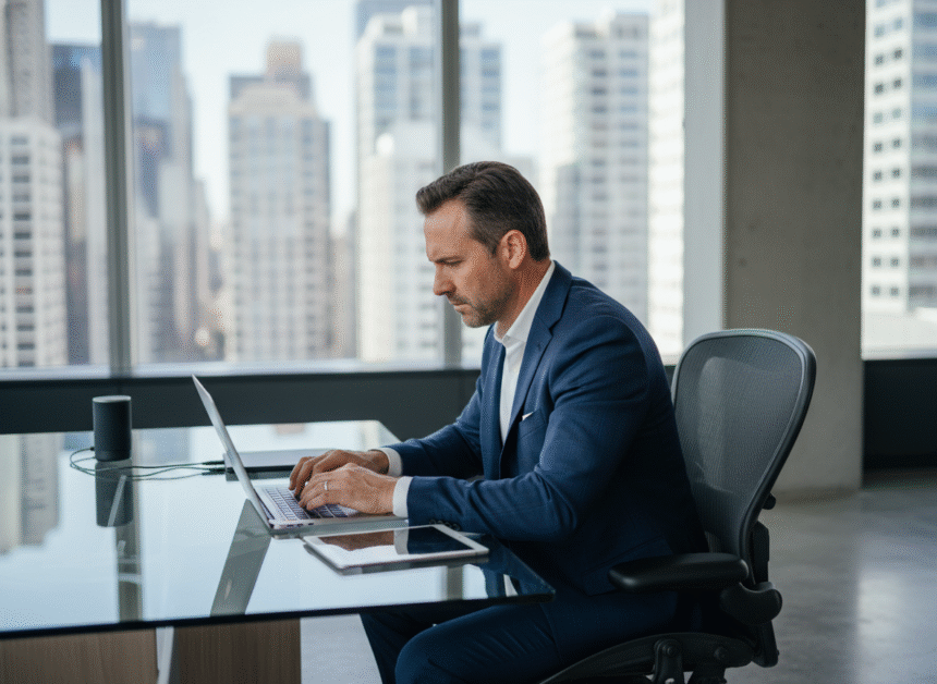 Homme d'affaires en costume navy concentré sur son ordinateur