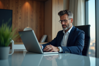 Homme d'affaires en blazer bleu utilisant une tablette numérique dans un bureau moderne
