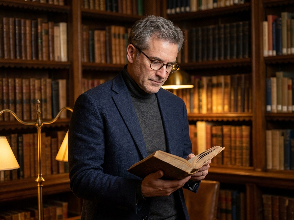 Homme expérimenté consultant un livre dans une bibliothèque de recherche en bois