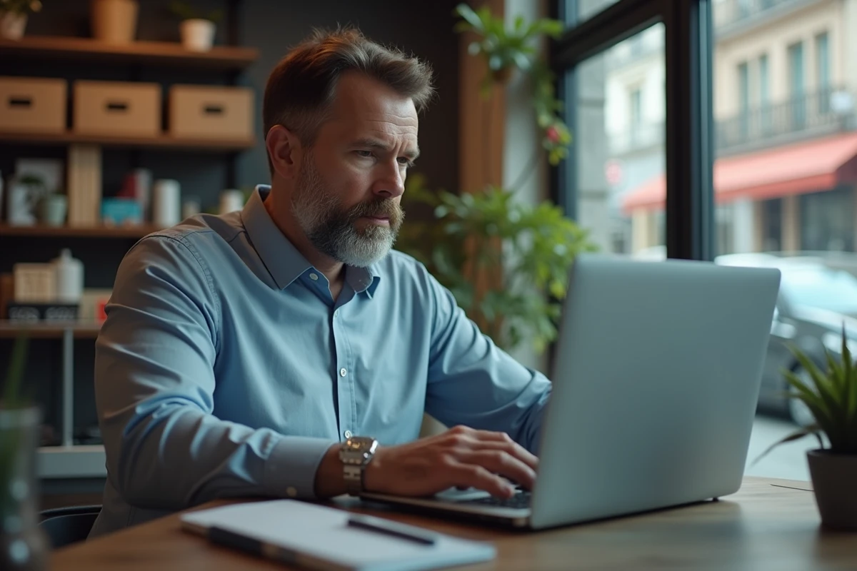 Homme d affaires travaillant dans une boutique avec smartphone