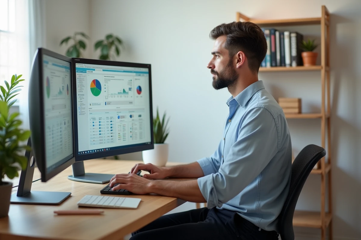 Homme d'affaires travaillant sur une plateforme digitale depuis son bureau à domicile