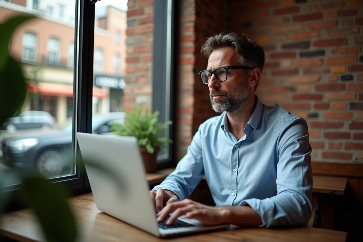 Homme d age moyen travaillant sur son ordinateur au café