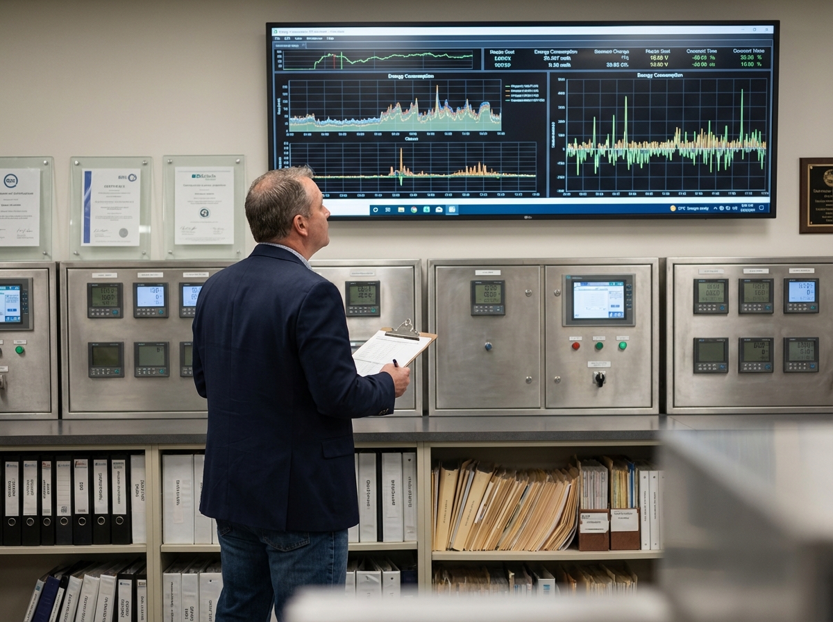 Homme contrôlant un tableau de bord énergétique dans une salle