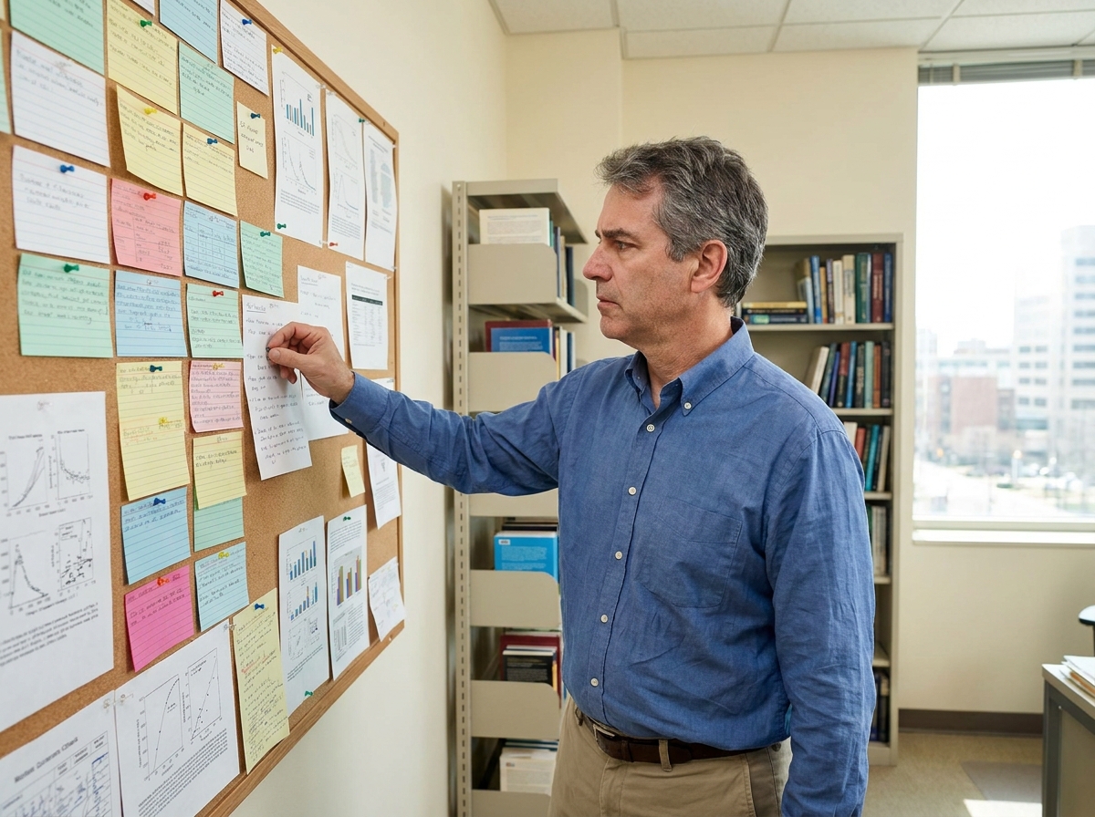 Homme épinglant une note sur un tableau de recherche organisé