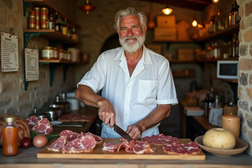 Homme corse en blanc tranchant de la charcuterie artisanale