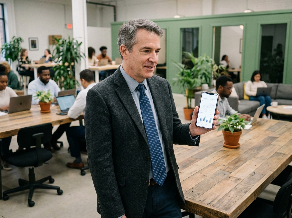 Homme d affaires utilisant un smartphone dans un espace de coworking dynamique