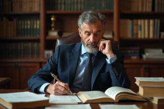 Homme d'âge moyen en costume bleu dans une bibliothèque